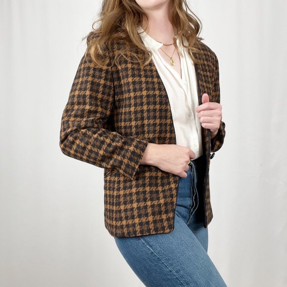 Vintage Union Made Oversized Wool Houndstooth Tweed Knit Plaid Blazer Suit Coat - Picture 3 of 10